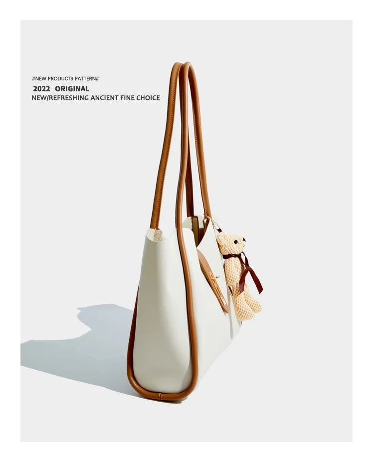 Elmsk 2022 England Style Fashion Simple Color Contrast Cute Bears PU Leather Large Capacity Shoulder Bag Tote Bag