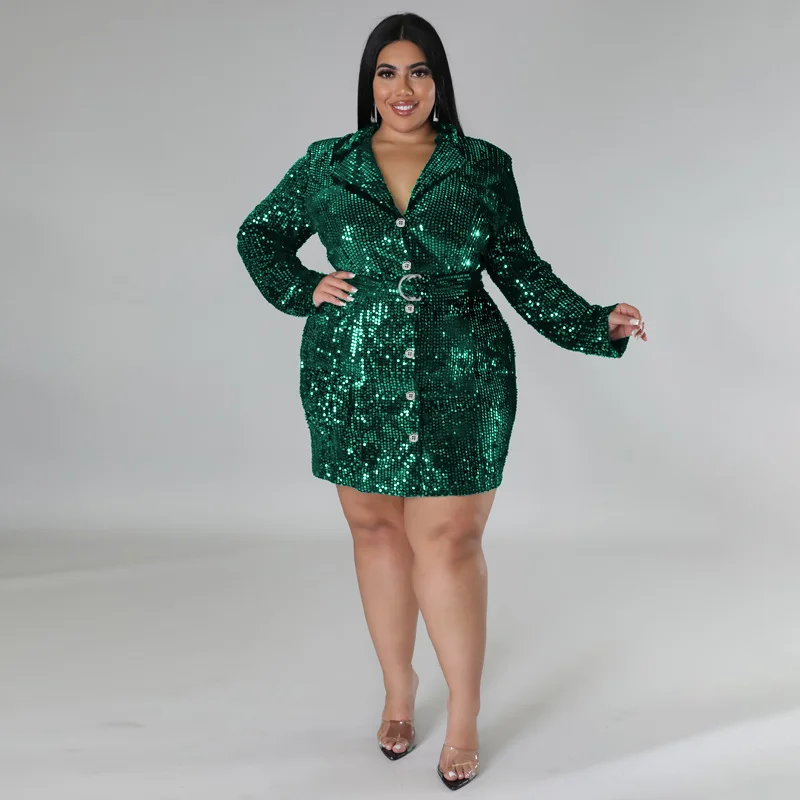 

Women Sequin Blazer Dress Full Sequined Long Sleeve Dress Sexy Deep V Neck Single Breasted Designer Party Evening Outfits 5XL