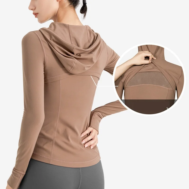 Solid Color Women Fitness Hooded Sweater Jacket Sports Top  Gym Hooded Sweater Coat Long Sleeve Comprehensive Training Sweater