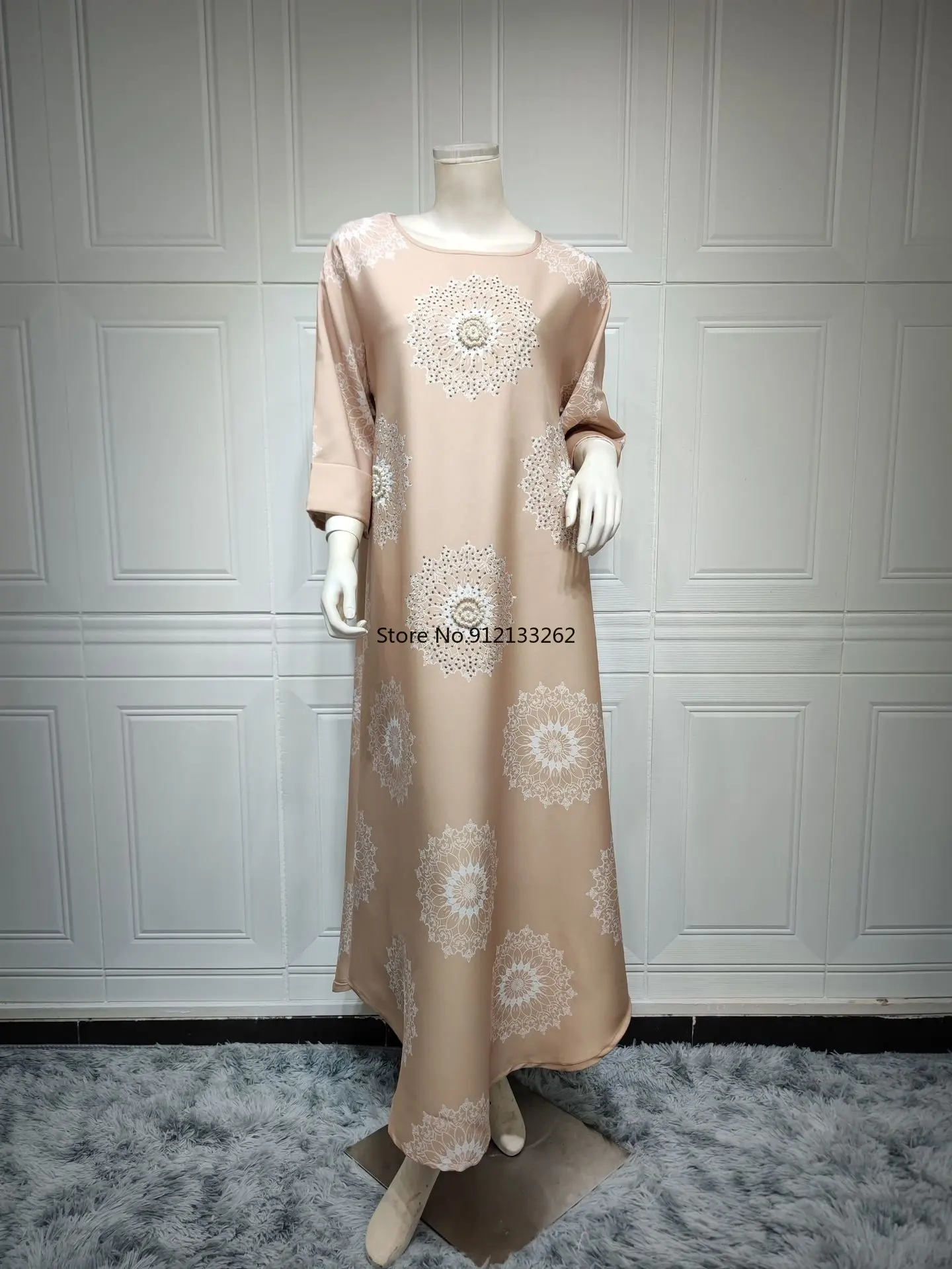 2023 Summer Spring Elegant Muslim Women Long Sleeve Round Neck Polyester Long Dresses Abaya Dress Muslim Fashion Dresses