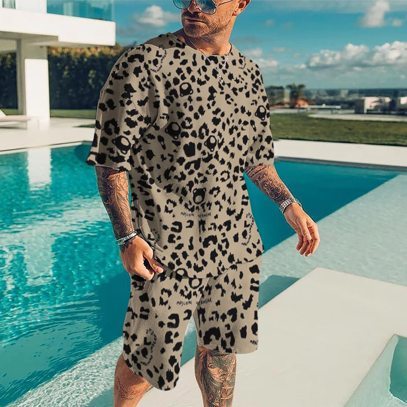 

Футболка мужская оверсайз с коротким рукавом и шорты, леопардовый комплект из 2 предметов с 3D-принтом в уличном стиле, хипстерский костюм, 2022...