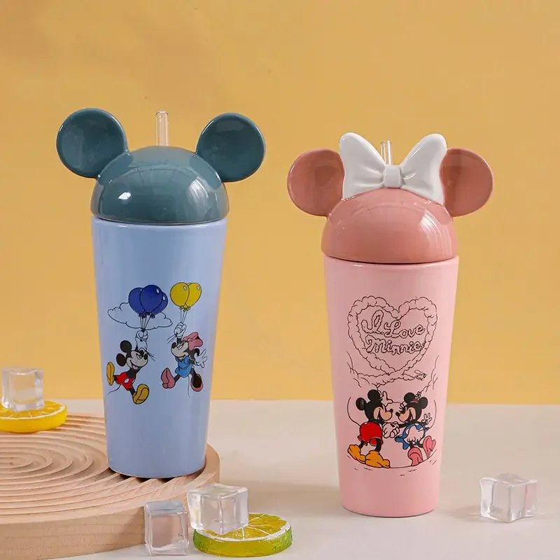 

Disney Mickey Mouse ceramic cartoon Mickey Minnie home office drinking cup with lid for men and women large capacity with straw