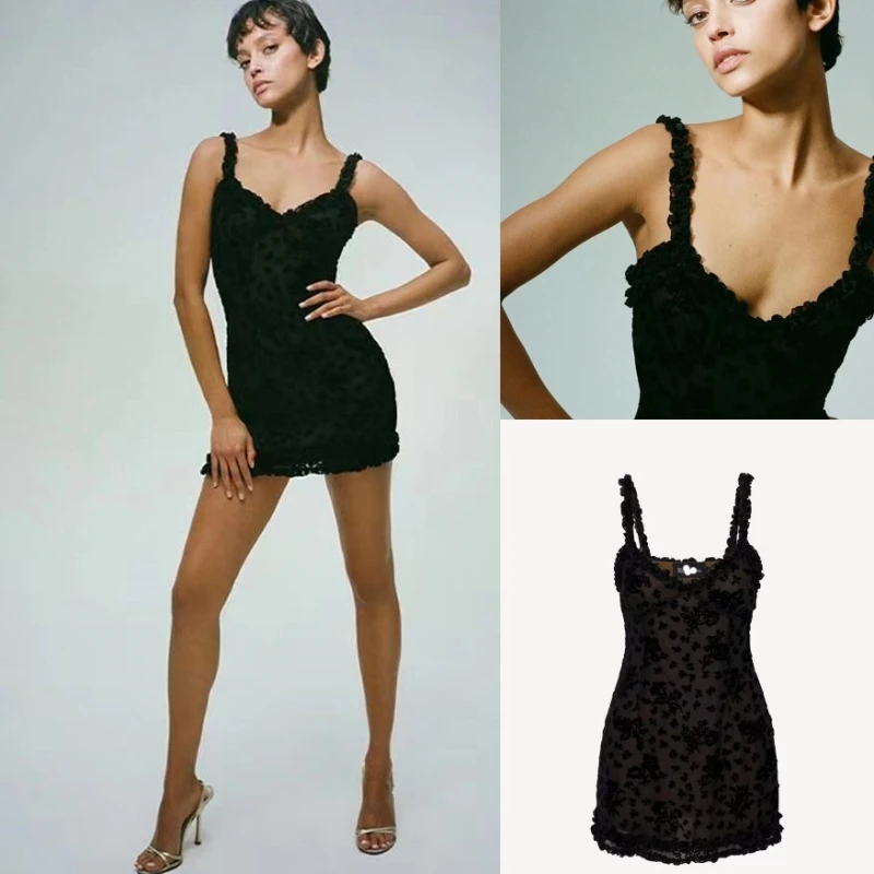 

Realis@tion Women's Niche Black Velvet Floral Drag Sister Style Lace Halter Dress Sexy Skinny Mini Dress Anouk Summer 2023