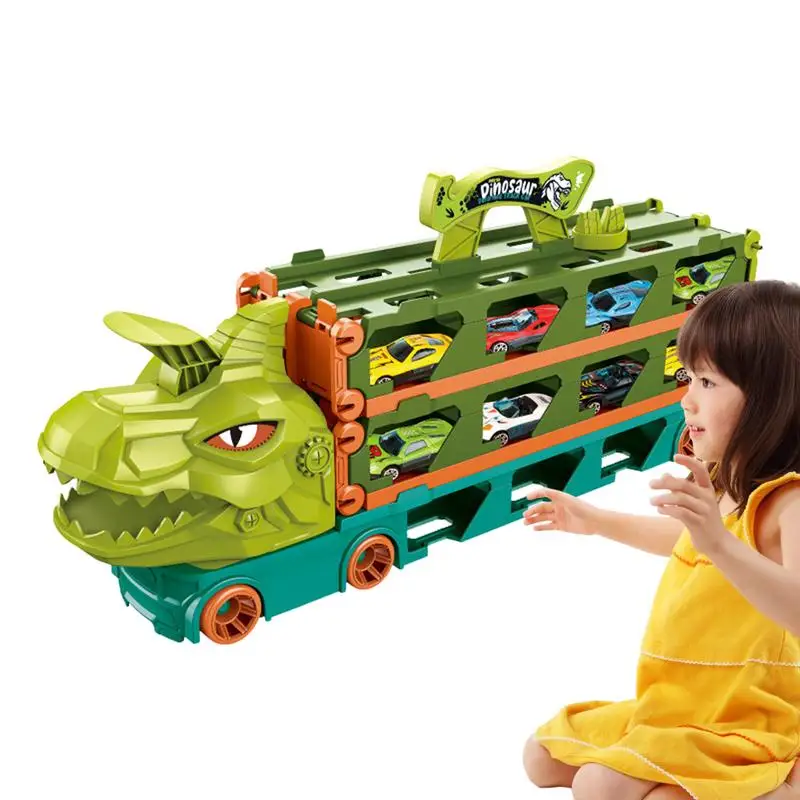 

Dinosaur Race Car Hauler Truck Foldable Dinosaur Toy Truck Transporter with 2 Ejection Race Track with 8 Metal Racing Cars