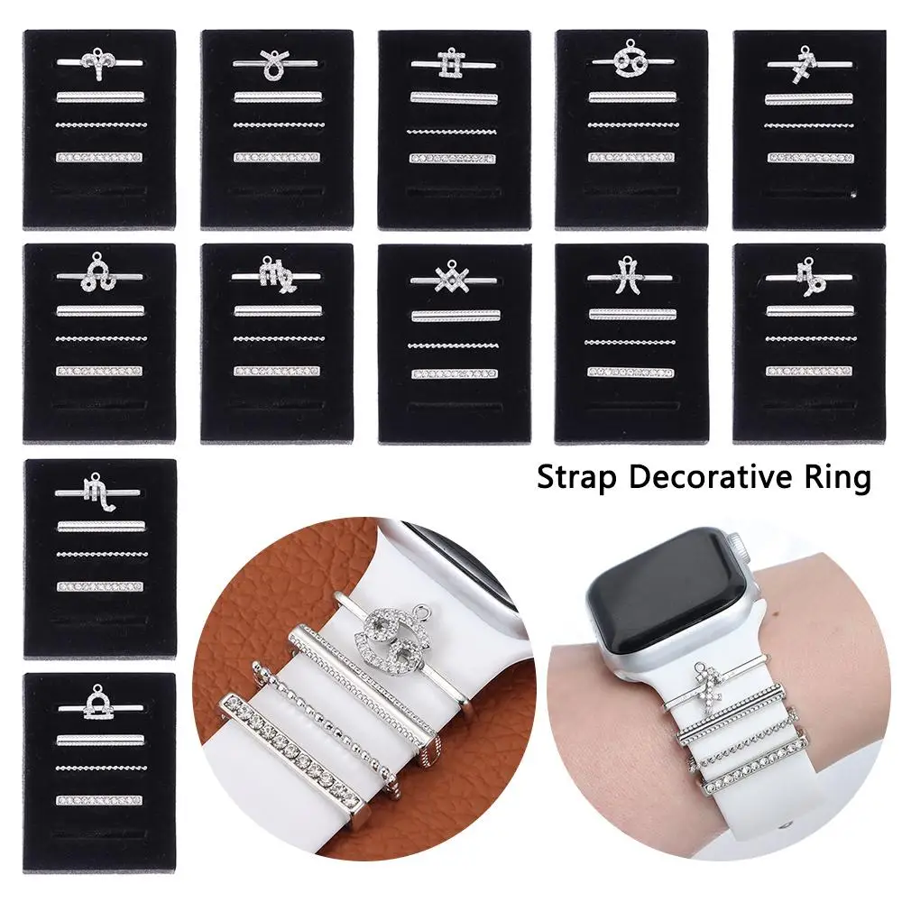 

12 Constellations Diamond Metal Charms Decor Ring For Apple Watch Band Ornament Smart Watch Silicone Strap Bracelet Accessories