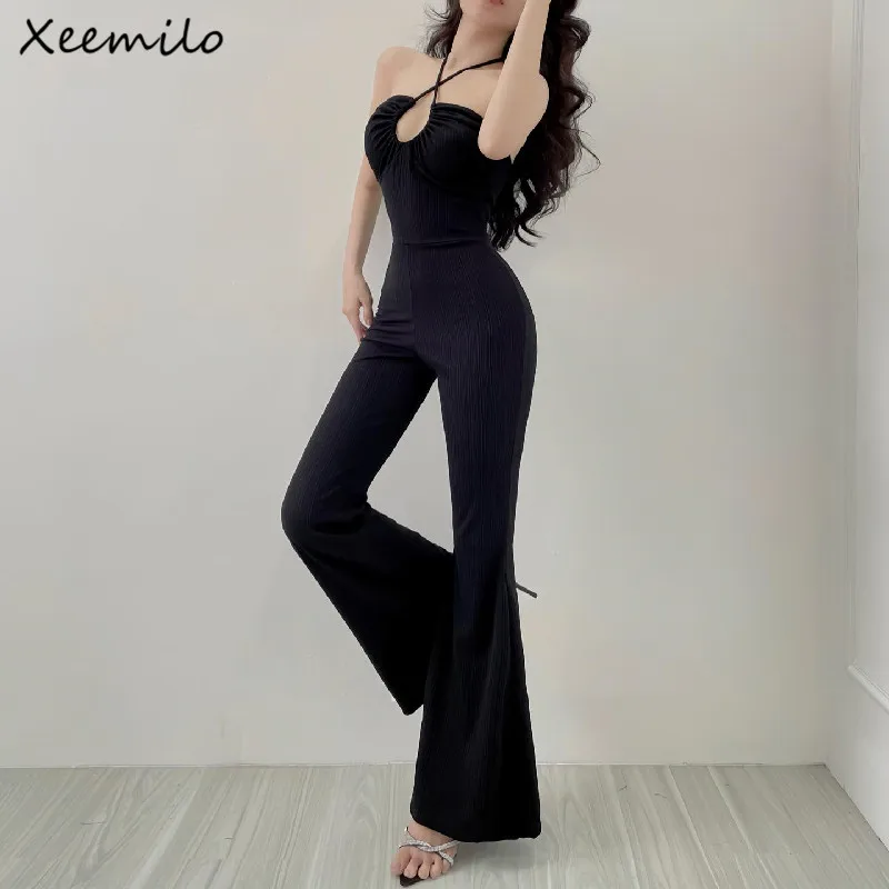 

Сексуальный однотонный комбинезон Xeemilo с открытыми плечами элегантный комбинезон с лямкой на шее без рукавов с широкими штанинами женские деловые комбинезоны с вырезами