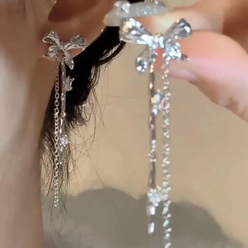 

New Tassel Bow Knot Rhinestone Stud Earrings for Women Fashion Charm Summer Accessories Prom Jewelry Birthday Anniversary Gift