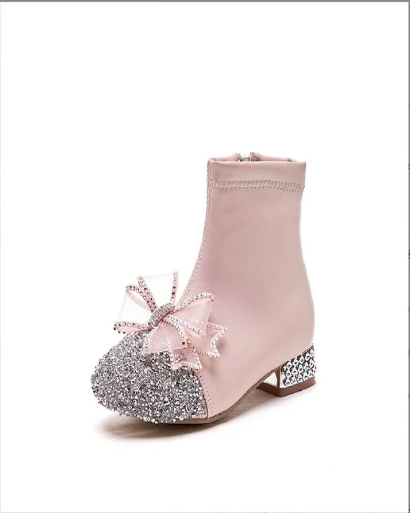

Children's Butterfly Short Boots 2023 Autumn/Winter Single Lining Pink Princess Little Girls' High Heels Crystal Horse Boots