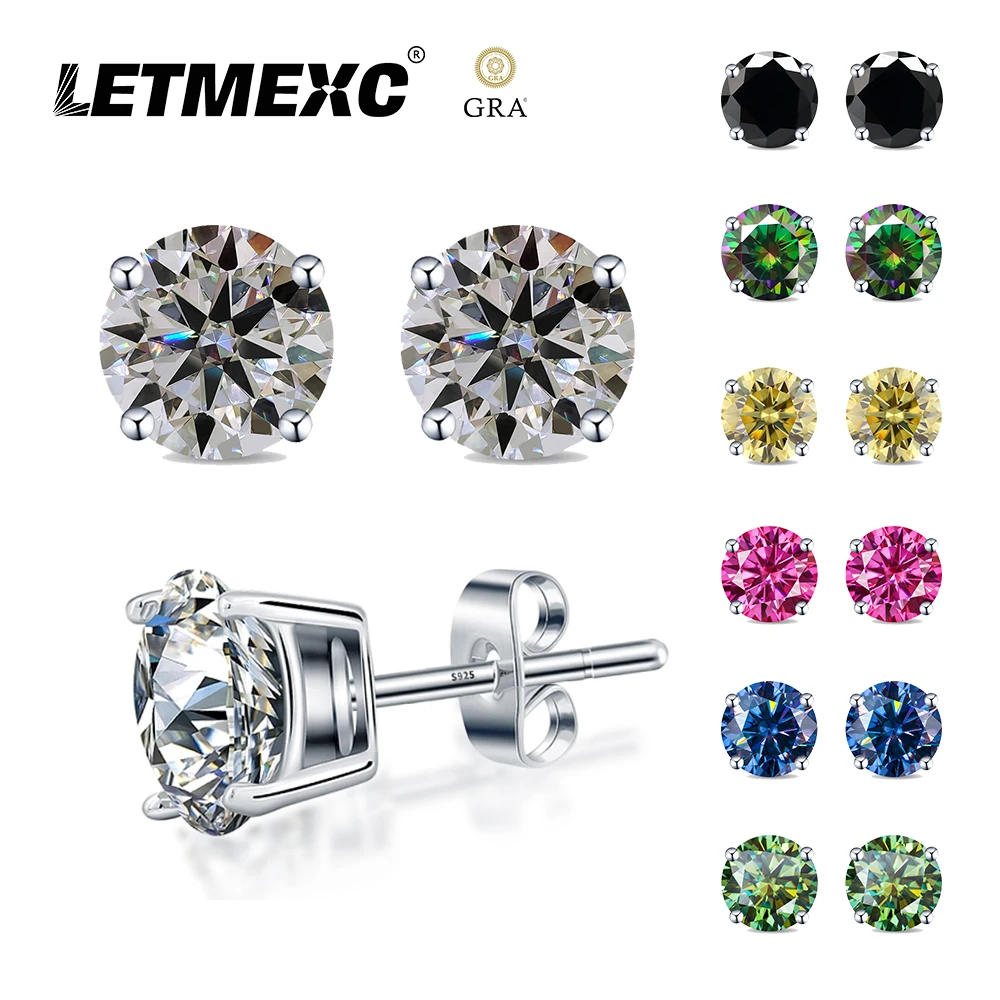 Letmexc Classical 4-Claws Moissanite Lab Diamond Woman Earrings Studs 925 Sterling Silver Plated 18K White Gold Brilliant Round