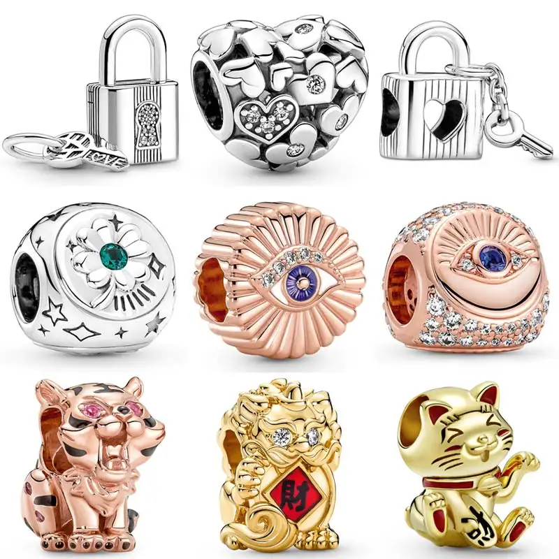 

Openwork Heart Padlock & Key All-seeing Eye Chinese Tiger Charm Fit Europe Bracelet Bangle 925 Sterling Silver Bead DIY Jewelry