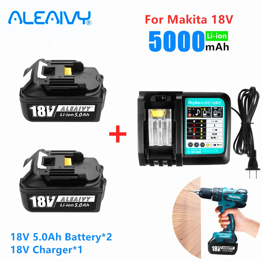 

ALEAIVY 18V 5.0Ah Rechargeable Battery Li-Ion Battery Replacement Power Tool Battery For MAKITA BL1850 BL1860 BL1830+3A Charger