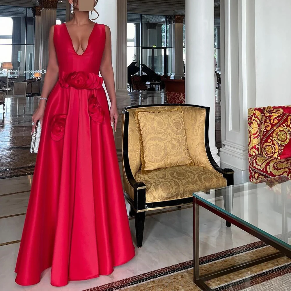 Красные атласные вечерние платья-трапеции с 3D цветами V-образным вырезом в пол