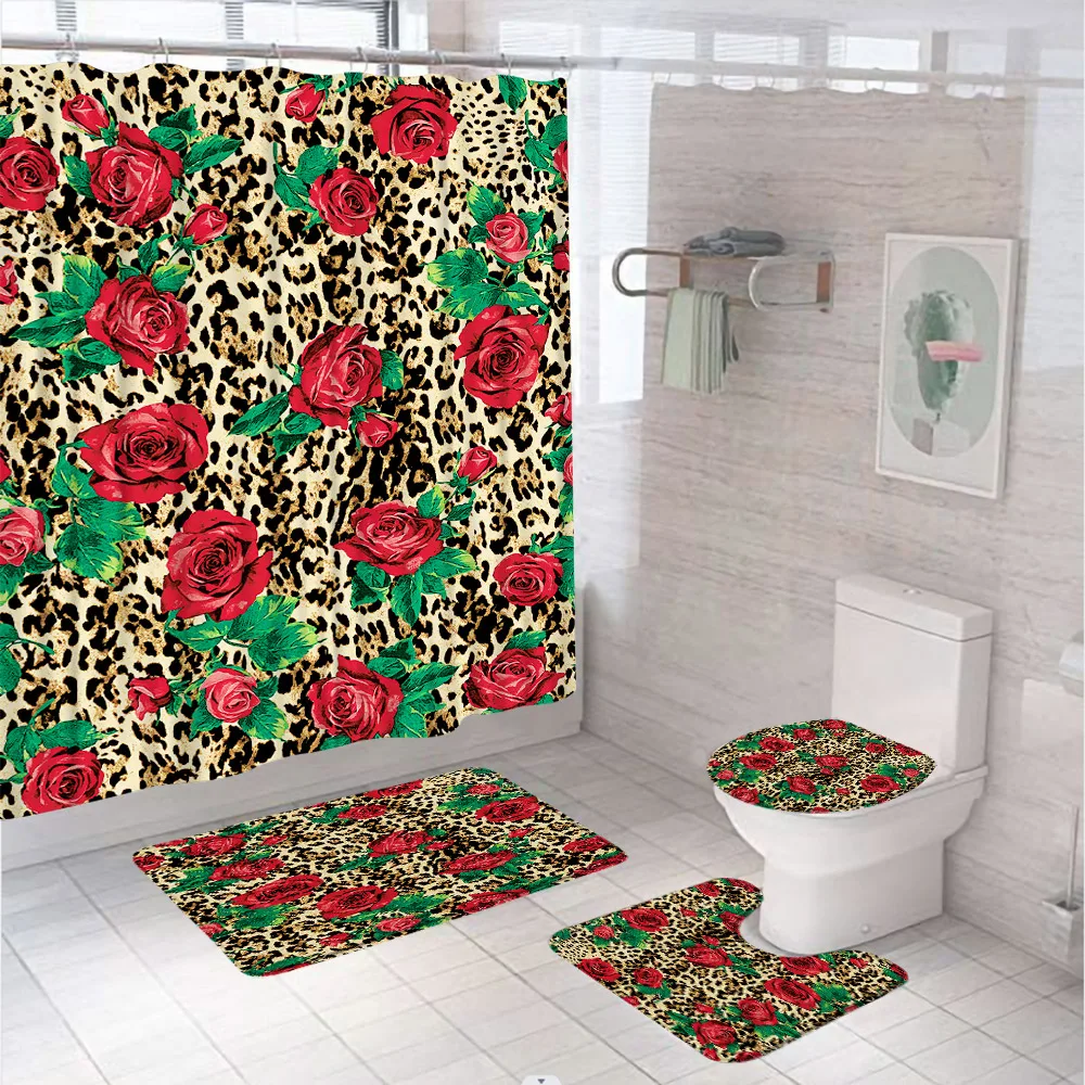 

Leopard Cheetah Brown Shower Curtain Sets Wildlife Safari Animal Skin Red Rose Bathroom Curtains Bath Mats Rug Lid Toilet Cover