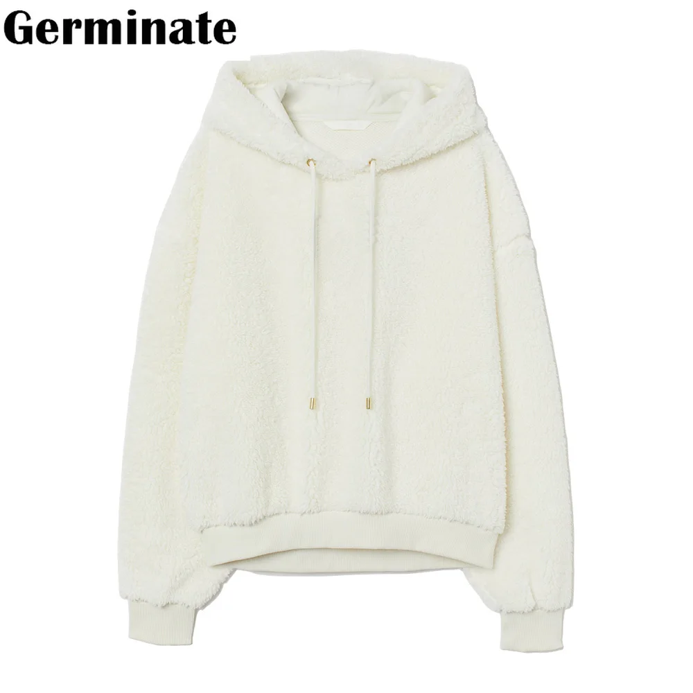 

Женский пуловер с капюшоном из искусственного меха Germinate, осенне-зимняя мода, милый пушистый плюшевый Тедди, теплый повседневный белый свитшот с капюшоном, пальто