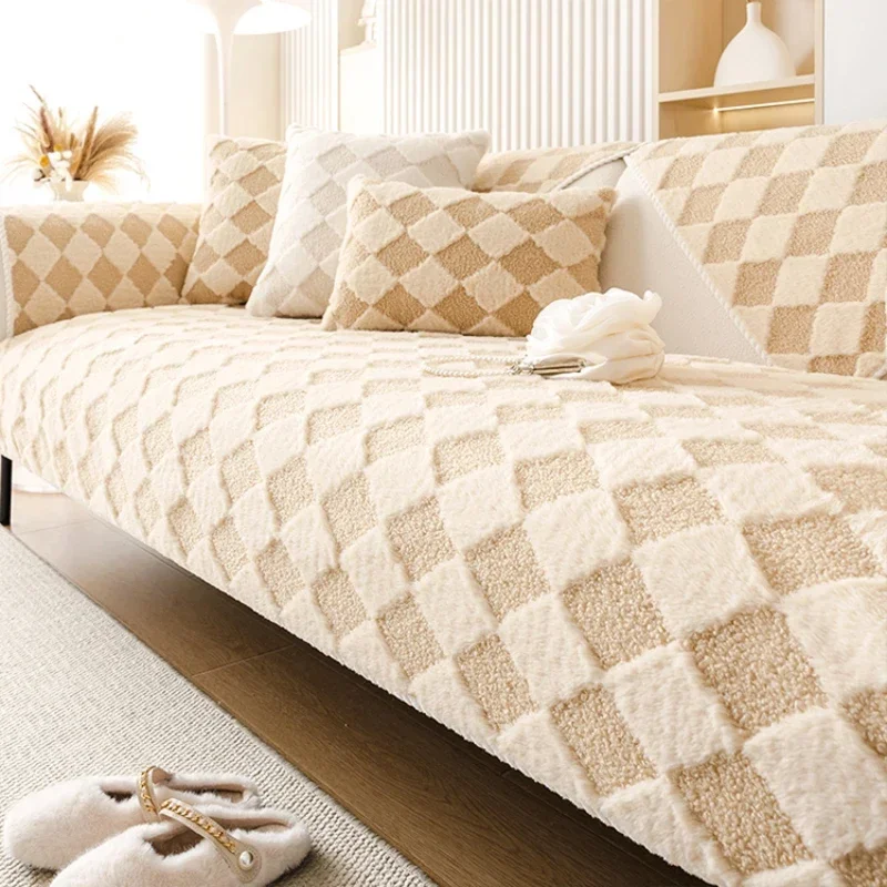 

Rabbit Fur Diamond Plaid Sofa Cover Thicken Plush Non-Slip Couch Cushion Soft Sofas Backrest Towel Living Room Mat Home Decor