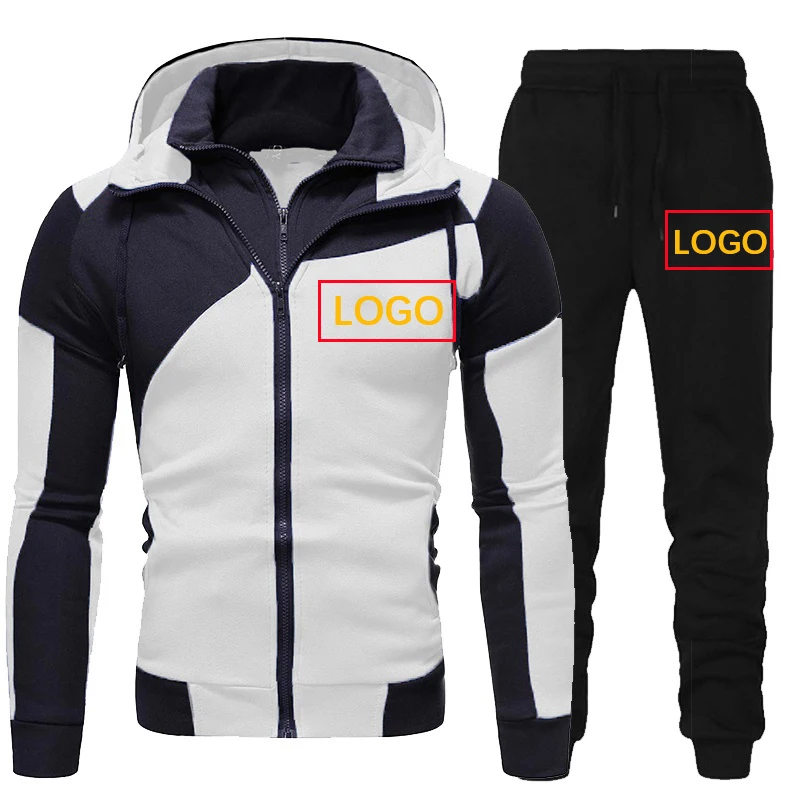 Custom LOGO Men Tracksuit Patchwork Zipper Hooded Jacket and Sweatpants Male Sportwear