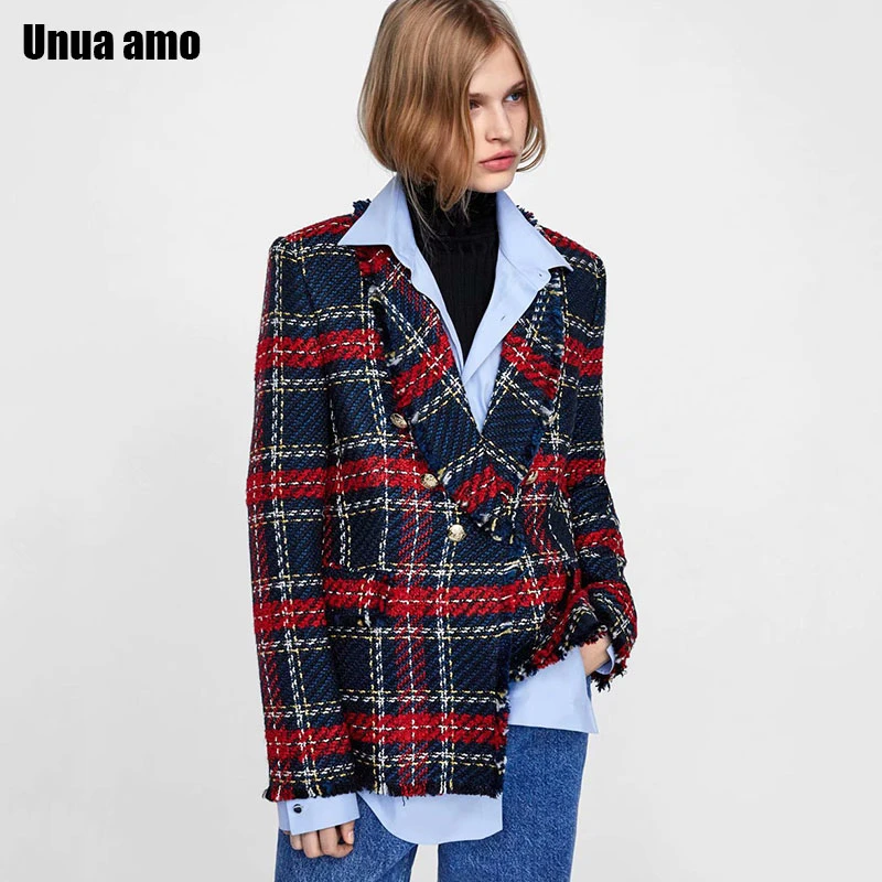 

Unua amo Tweed Blazers Women Office Plaid Jacket Spring 2023 Vintage Stylish Frayed Tassel Soft Wool Suit Jackets Coat
