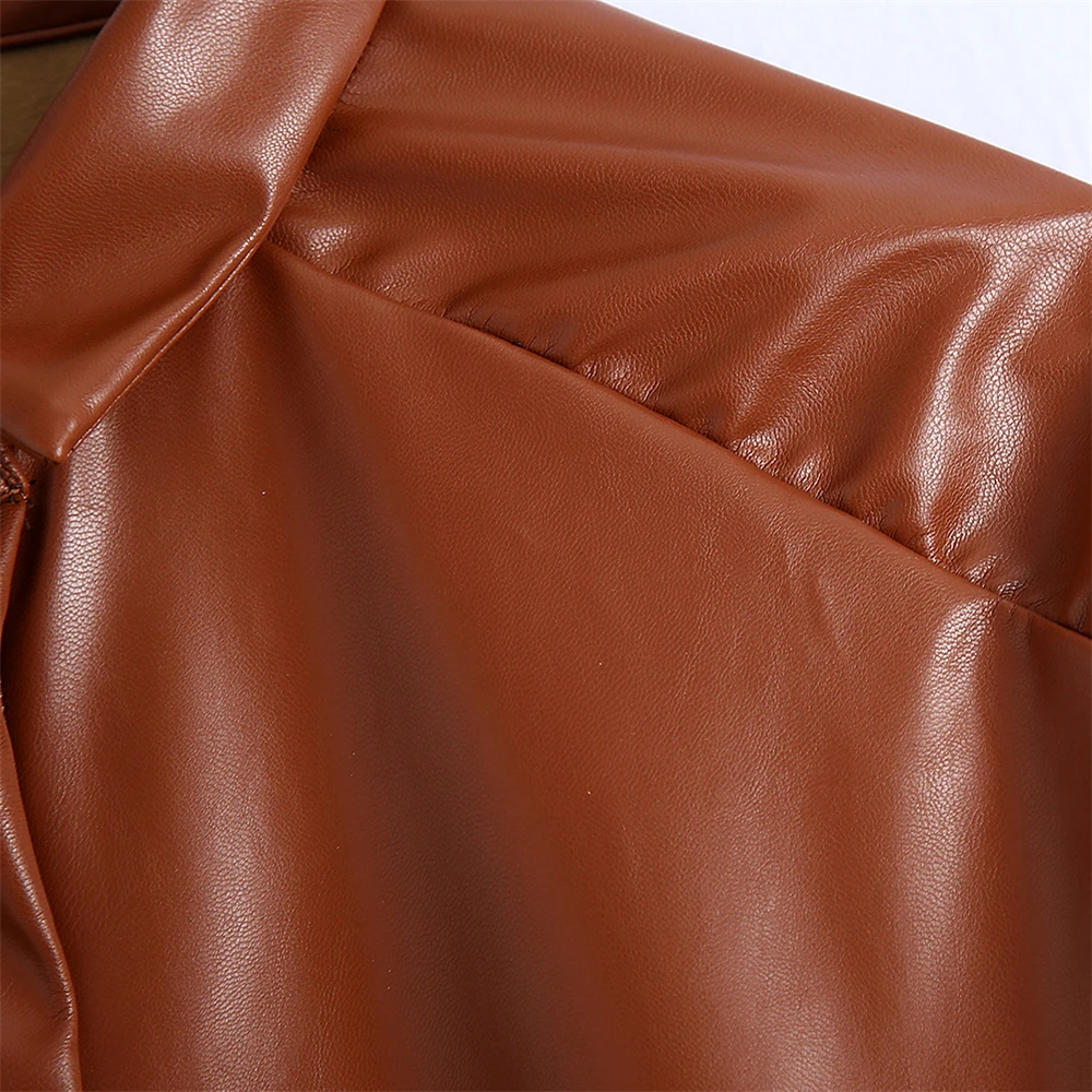 KEYANKETIAN Women's Faux leather shirt coat New red and brown POLO PU leather coat with rotator cuff for autumn and winter