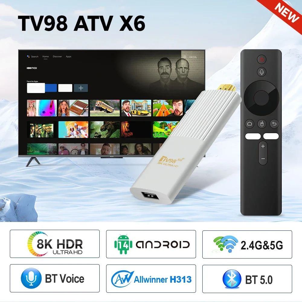 2024 TV98 ATV X6 TV Stick Android 14 Dual Wifi 8K 4K H313 Медиаплеер PK BT5.0 2 ГБ 8 Голосовой пульт