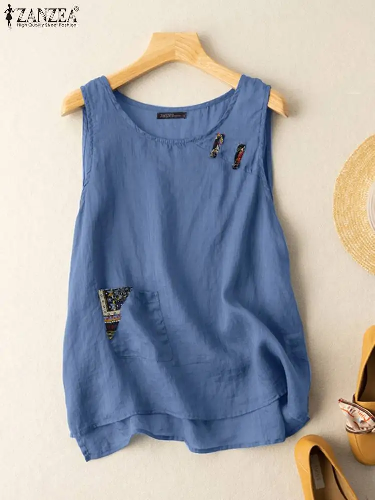 

Топ ZANZEA женский хлопковый в стиле оверсайз, винтажная удобная Пляжная одежда без рукавов, дизайнерский Свободный Топ с круглым вырезом, пля...