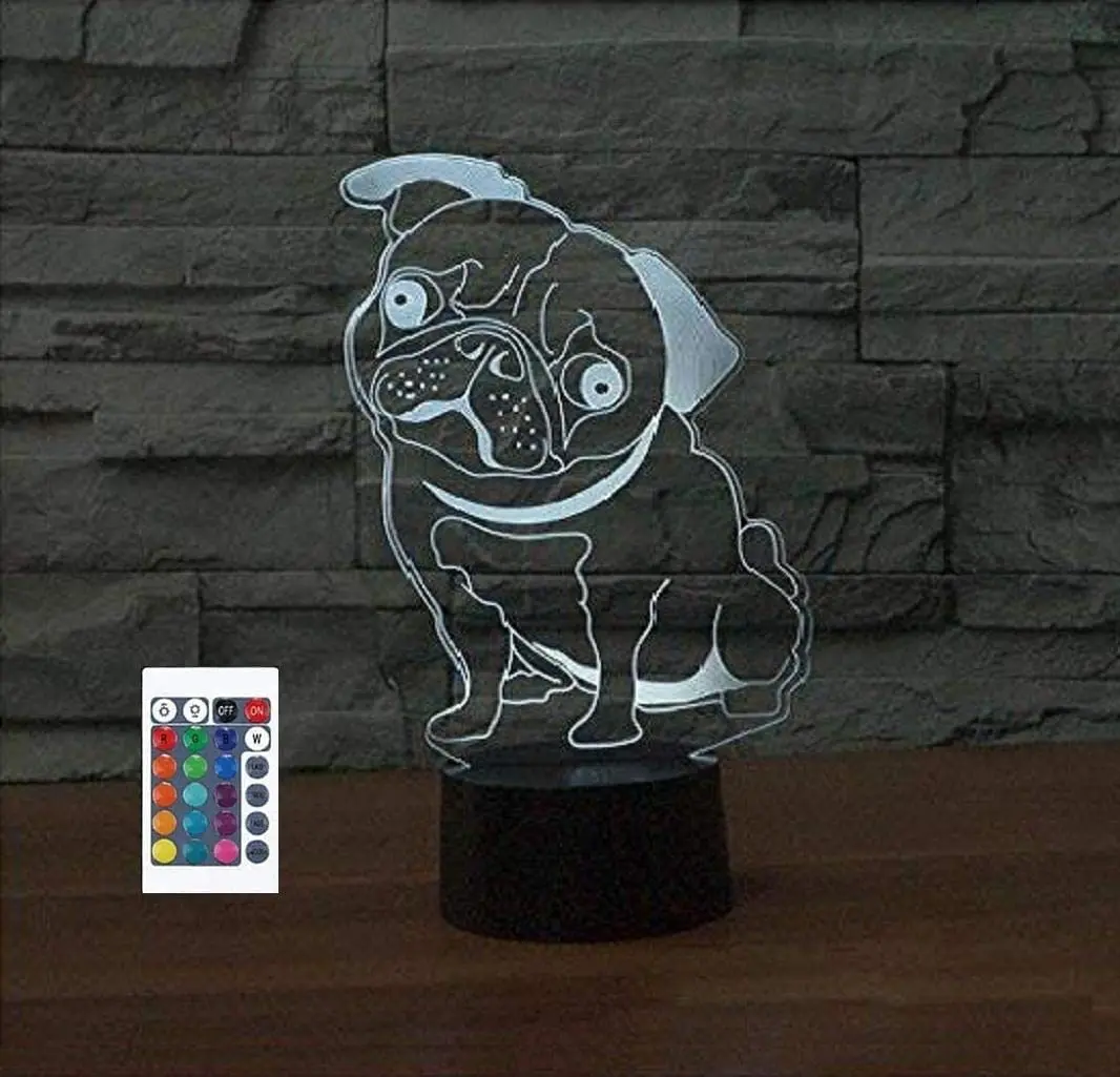 

3D Cute Pug Dog Animal Night Light Remote Control Power Touch Switch Table Desk Optical Illusion Lamps 16 Color Gift for Kids