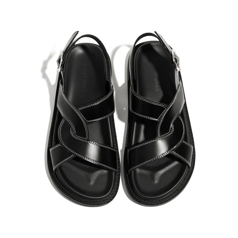 Women Sandals 2022 New Summer Black Leather Gladiator Platform Wedges Shoes Ladies Casual Street Style Open Toe Beach Slippers