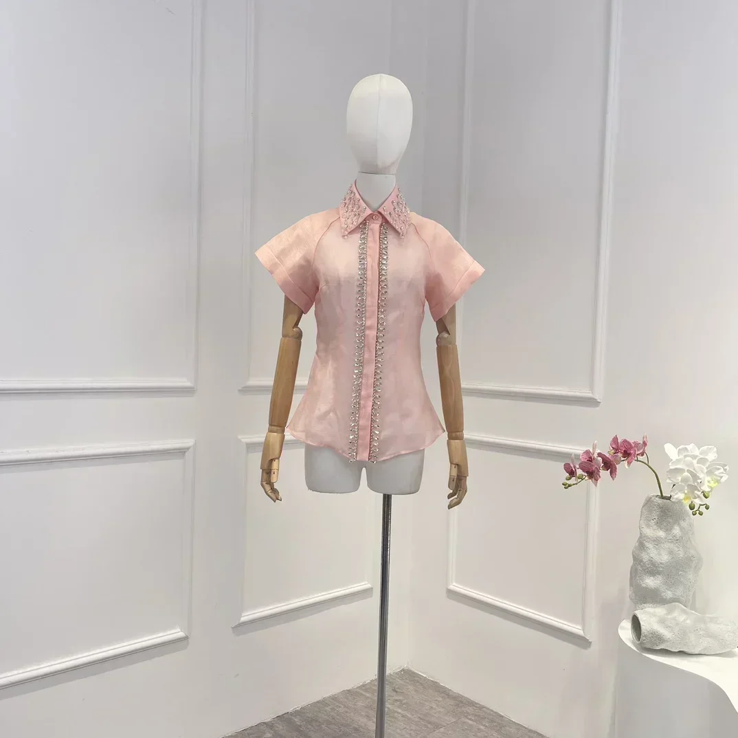 

Top Quality Natural Linen Silk 2023 Spring Summer Holiday Style Solid Yellow Pink Crystal All-matching Straight Blouse for Women