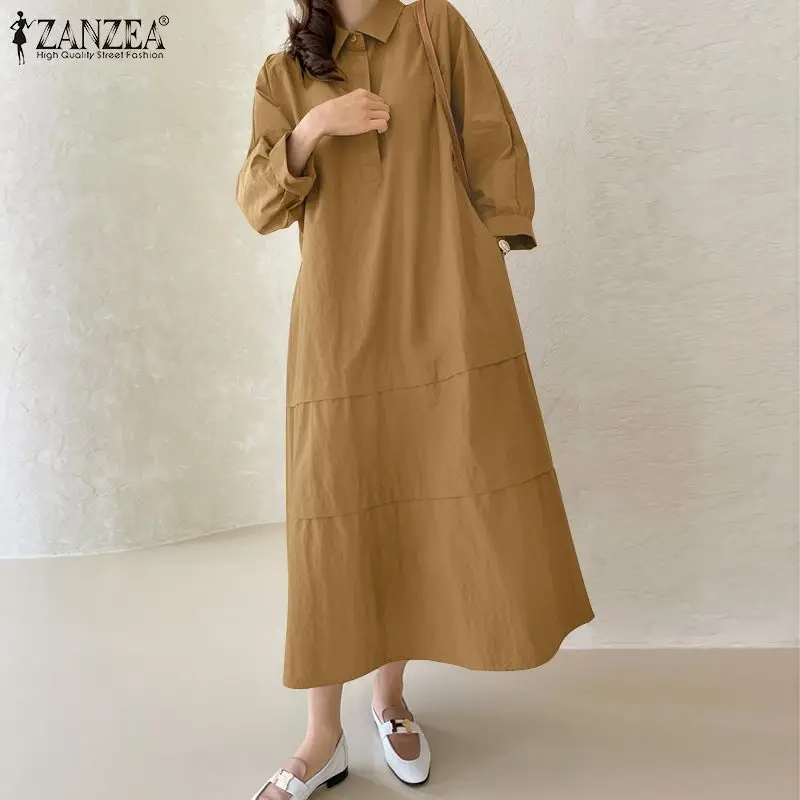 

ZANZEA Fashion Solid Dress 2021 Autumn Loose A Line Vestidos Women Vintage Long Sleeve Robe Ladies Casual Oversize Dresses Femme