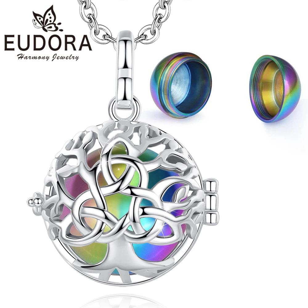 Eudora 18mm Urn Cremation Tree of Life Cage Locket Ash Pendant Holder Keepsake Capsule Hollow Ball DIY Necklace Women Jewelry
