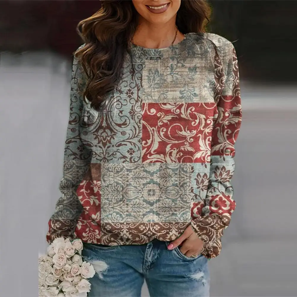 

Long Sleeve Sweatshirt Feather Print Women's Sweatshirts Vintage Style Colorfast Fabric Elastic Cuffs for A Cozy Fall Spring