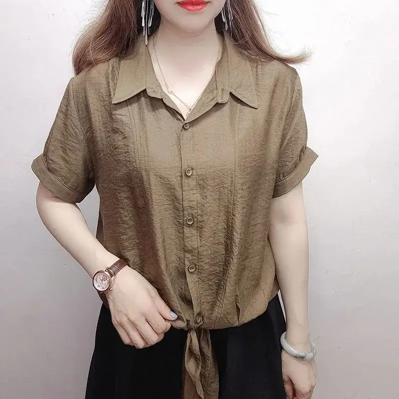 2023 Summer New Korean Loose Women's Clothing POLO Collar Single Breasted Fashion Tops Women Elegant Bandage Chiffon Shirt