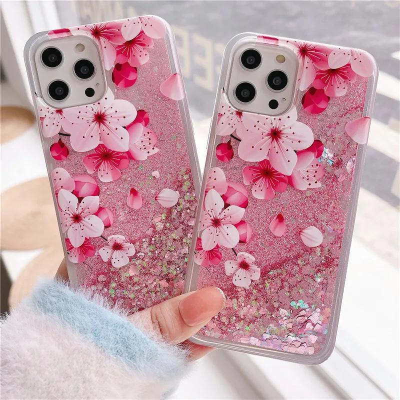 

Pink Peach Flower Glitter Quicksand Phone Case For OPPO A37 A57 A59 A71 A83 A3 A5 A7 A8 A9 A11 R9 R11 s Plus R15Dream R17 R17Pro