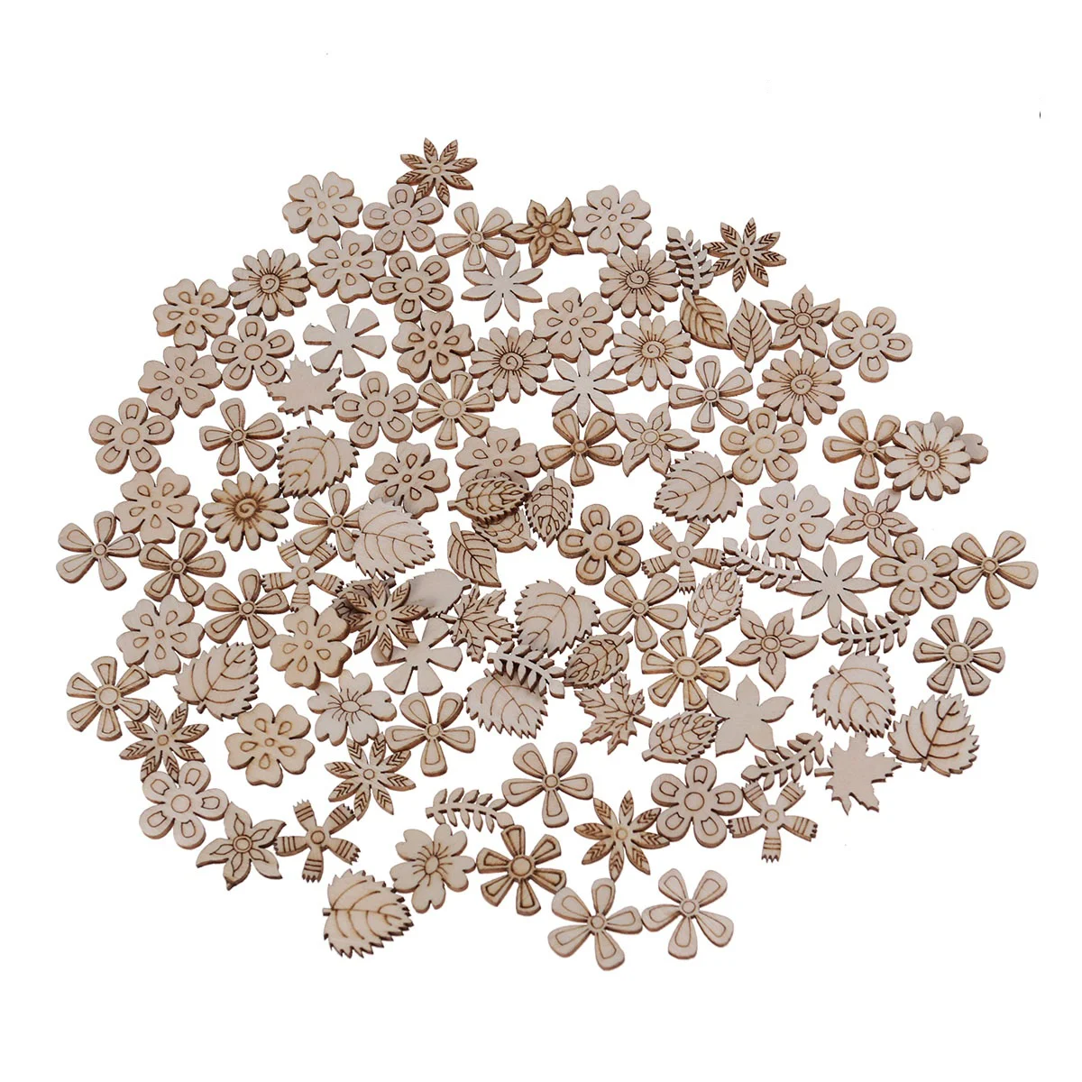 

100PCS 20mm Wooden Flower Embellishments Wooden Flower Pieces Mixed Flower Leaf Slice Wood Cutout