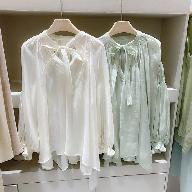 

Модный дизайн, шифоновая женская блузка, летняя Новинка 2022, с бантом на шее, с длинными рукавами, свободная элегантная женская верхняя одежд...