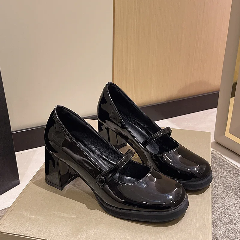Vintage Thick High Heels Mary Jane Shoes Women 2022 Patent Leather Brown Shoes Woman Round Toe Chunky Heels Pumps Mujer New