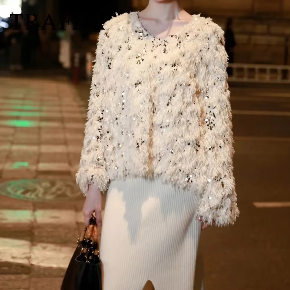 TRAFZA шикарный женский свитер с кисточками и блестками вечерние v-образным вырезом