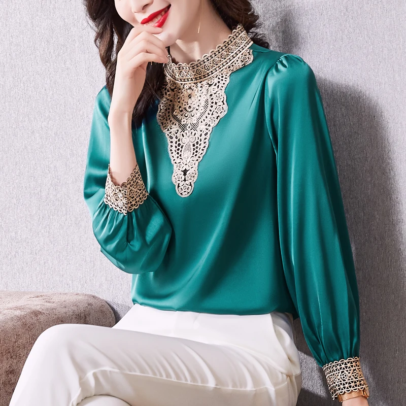 Женская кружевная блузка с вышивкой элегантная винтажная Повседневная атласная