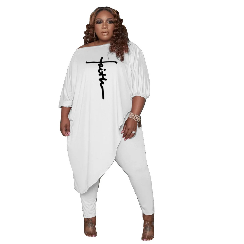 

Plus Size 5xl Women Clothing Loose 4xl Solid Color Slanted Shoulder Embroidery X-long Tops Autumn Sexy Two Piece Sets Wholesale