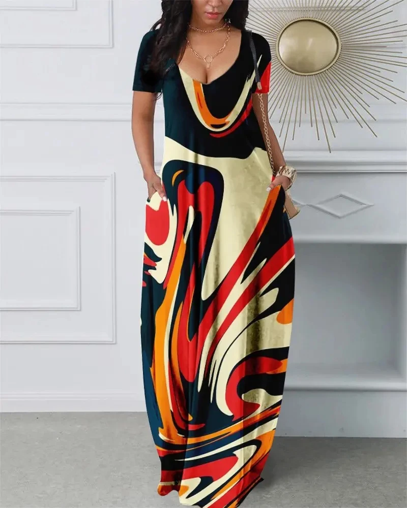 

Women Abstract Print Pocket Design Dress Summer Casual Loose Long Dress 2022