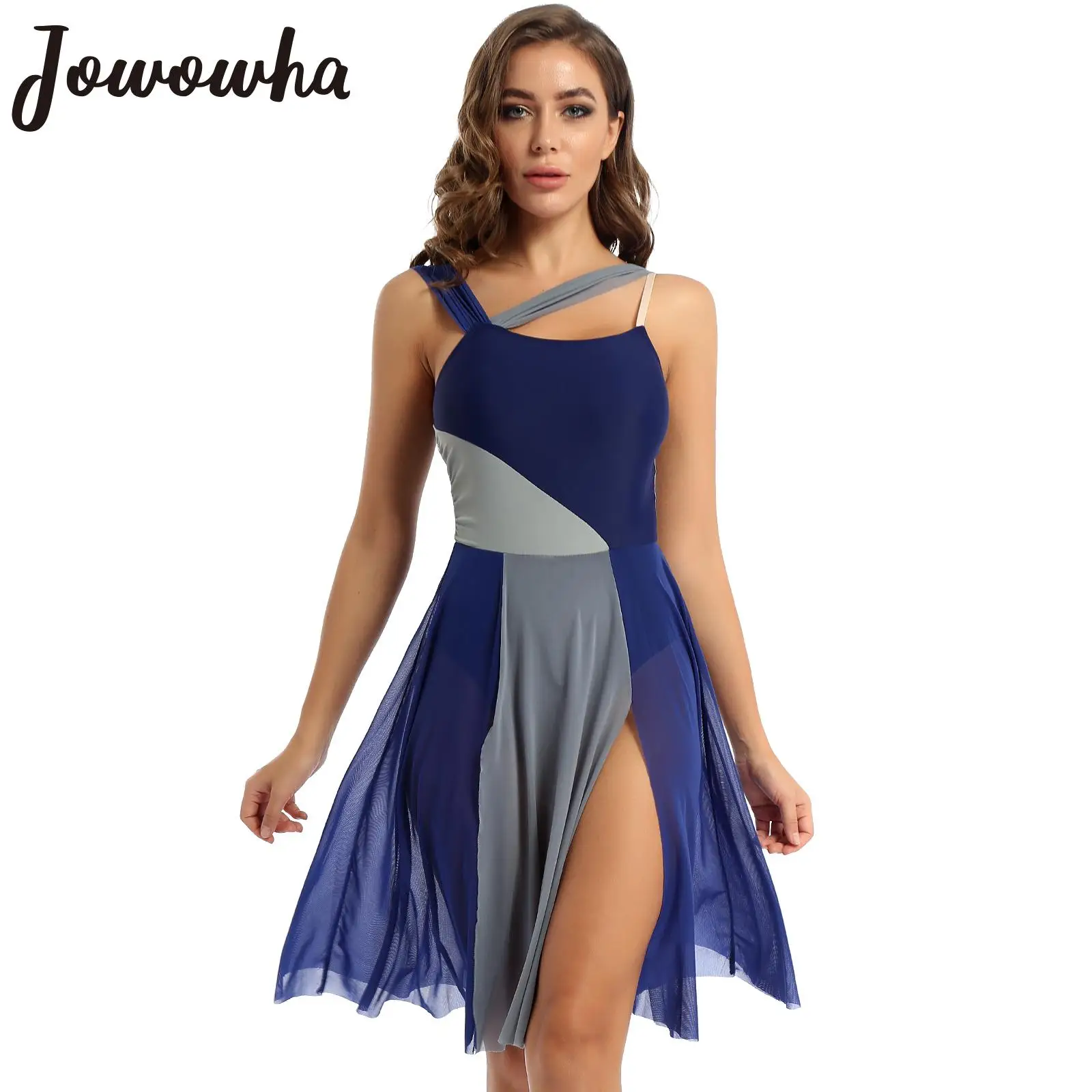

Jowowha Women Sleeveless Mesh Color Block Gymnastics Leotards Ballet Figure Skating Dress Contemporary Lyrical Dance Costumes