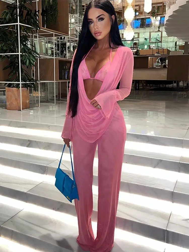 

Sexy Lady Bikini See Through Mesh Three Piece Women Autumn Solid Long Sleeve Dangling Sets Female Halter Party Club Outfits