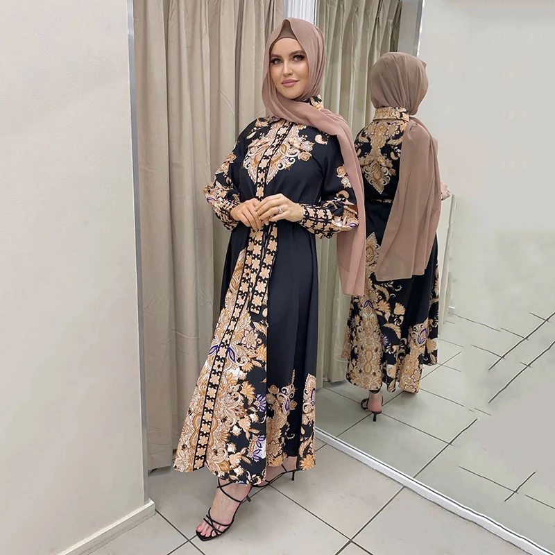 Women Muslim Floral Print Long Sleeve Eid Dress 2022 Islam With Hijab Belt Malaysia Ramadan Dubai Arabic Luxurious Evening Dress