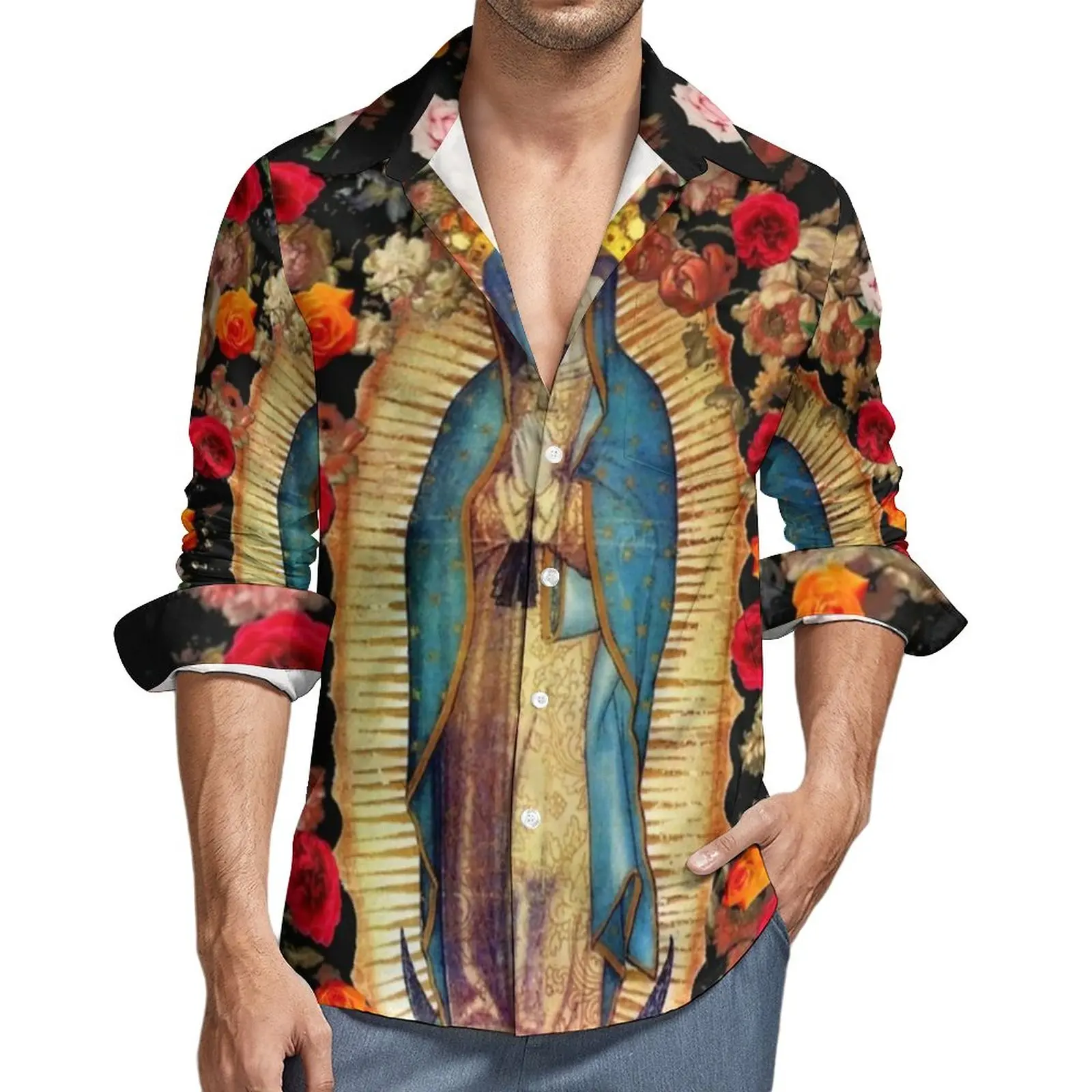 

Mexican Virgin Mary Shirt Men Floral Print Casual Shirts Spring Y2K Design Blouses Long Sleeve Loose Oversized Clothes Gift Idea