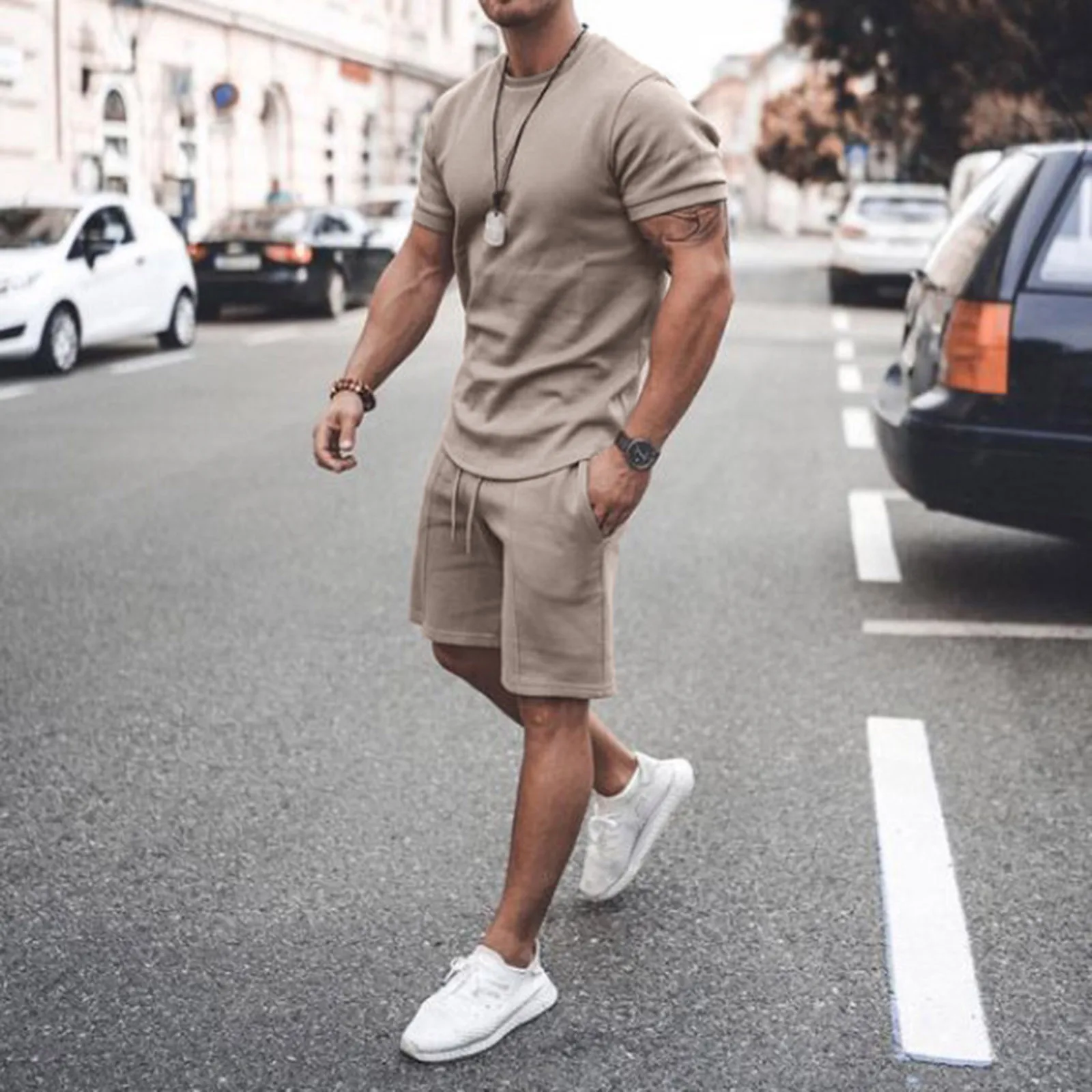 Men Solid Color Fitness Gyms Running Sportswear Men's Sports Suit Summer Breathable T-shirt 2 Piece Set Male Tracksuit 2023 New