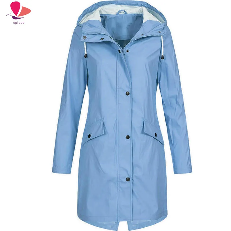 

5XL Women's Coat Fashion Solid Rain Jacket Outdoor Hooded Waterproof Long Coats Overcoat Lady Windproof Jackets