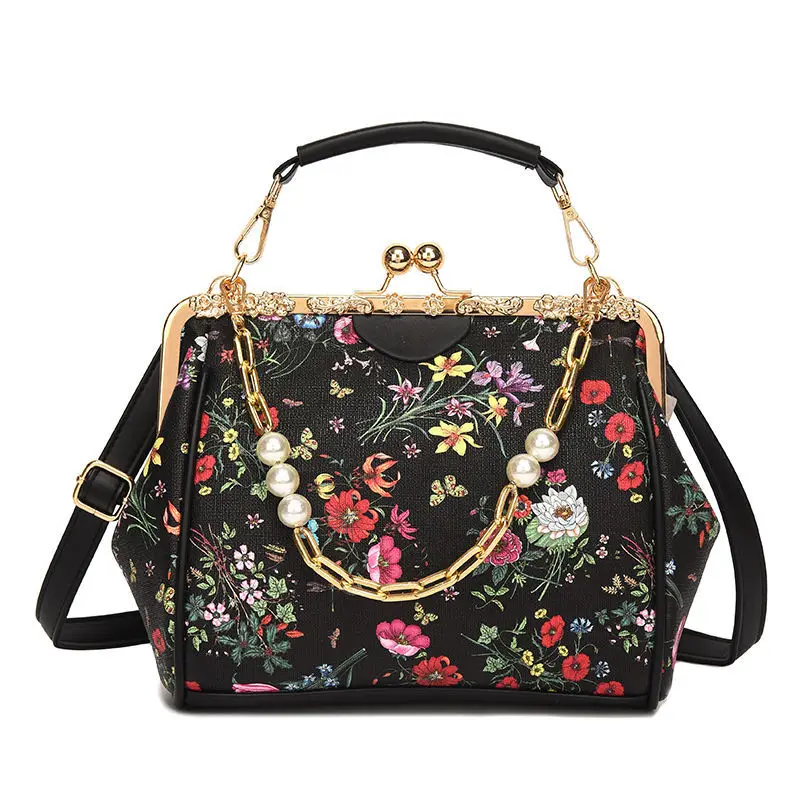 

New Beads Chain Shell Lock PU Leather Vintage Bag Flowers Bags Women's Handbags Purses Women Shoulder Crossbody Bags
