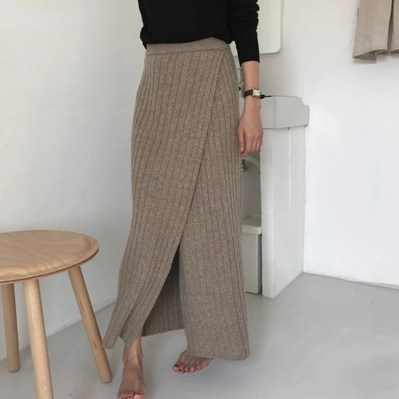 

2021 Autumn and Winter New Fashion Retro Side Slit Sexy High Waist Slimming Pencil Skirt Knitted Bust Woolen Long Skirt Women