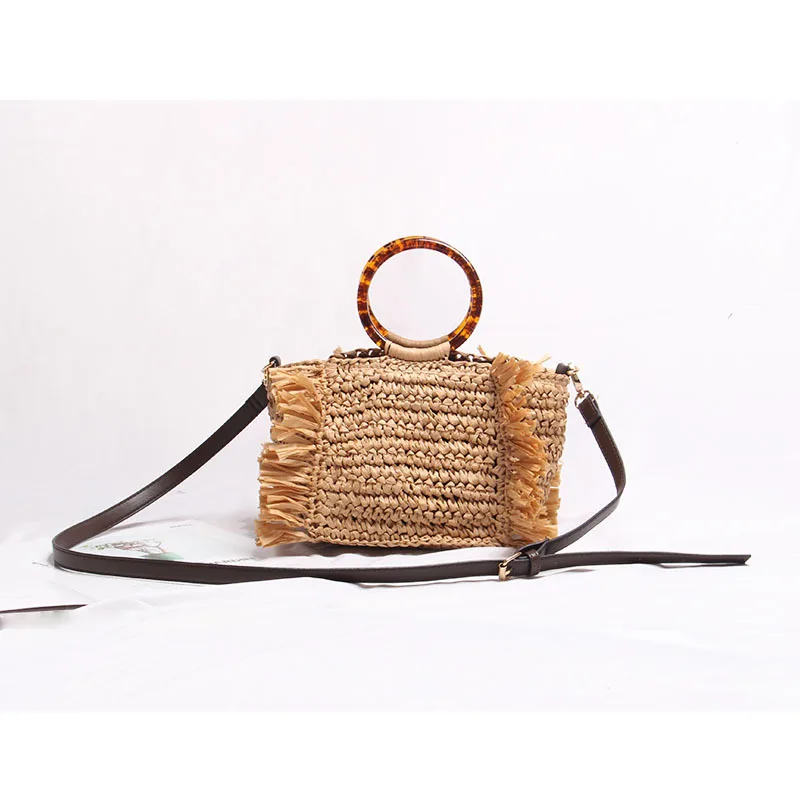 Boho Woven Beach Bags for Women Bohemian Tassel Straw Bag Designer Handbags Acrylic Round Handle Shoulder Crossbody Bag Clutch