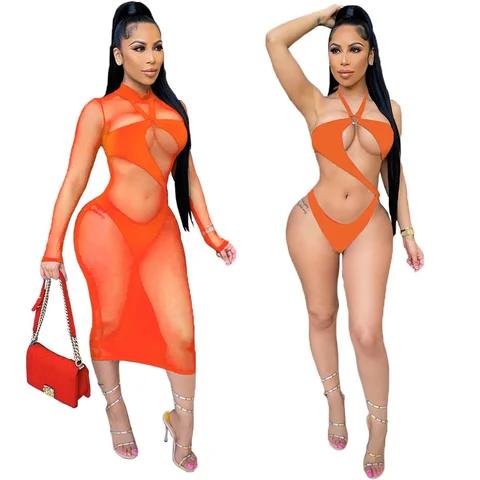 10set Bulk Items Wholesale Lots Swimsuits Summer 2023 Sexy 3 Piece Set Womens Outfits Swimwear Y2k Bodysuits + Mesh Dress K11406