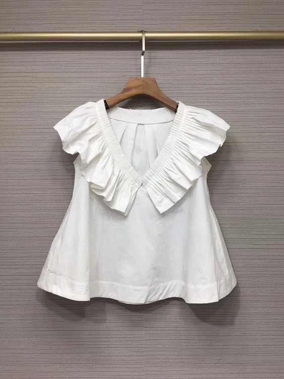 

2022 new women fashion V-neck ruffled pleated A-line silhouette slimming sleeveless top shirt 610